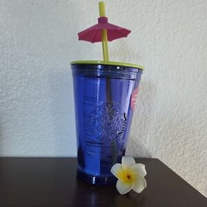 Hawaii Exclusive Blue Glass 16oz Cold Cup Umbrella Straw NEW
